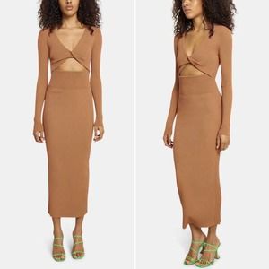 House of Harlow 1960 Long Sleeve Twist Front Ribbed Fitted Midi Dress Size Large